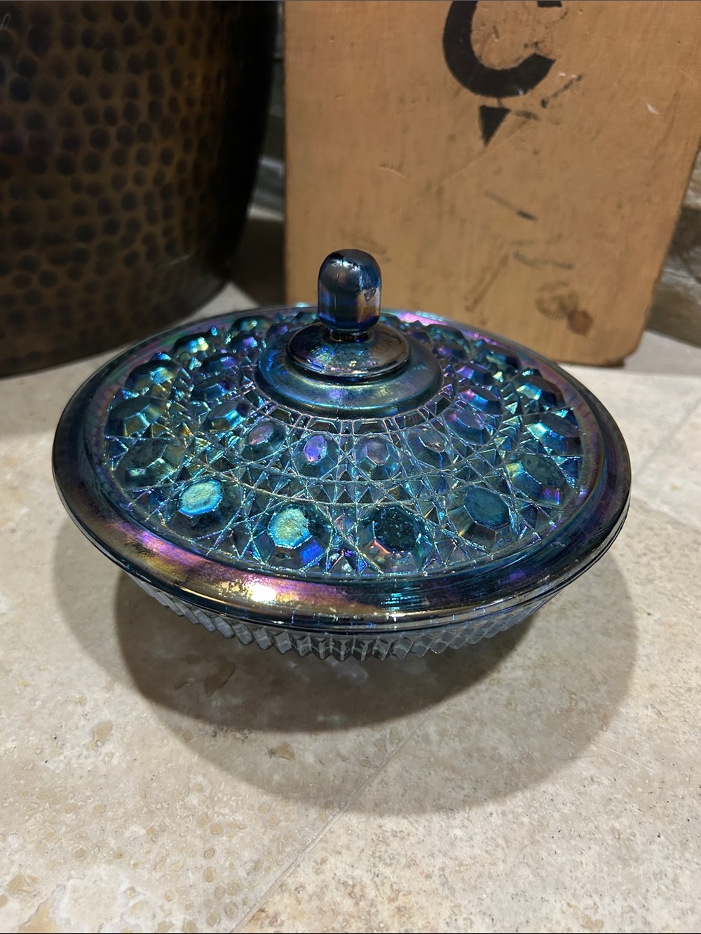 Vintage Iridescent Blue Carnival Glass Covered Dish